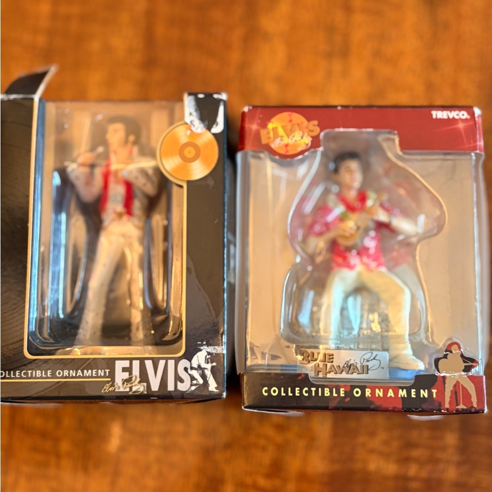 Elvis Presley Two Red and White Trevco Holiday Ornaments